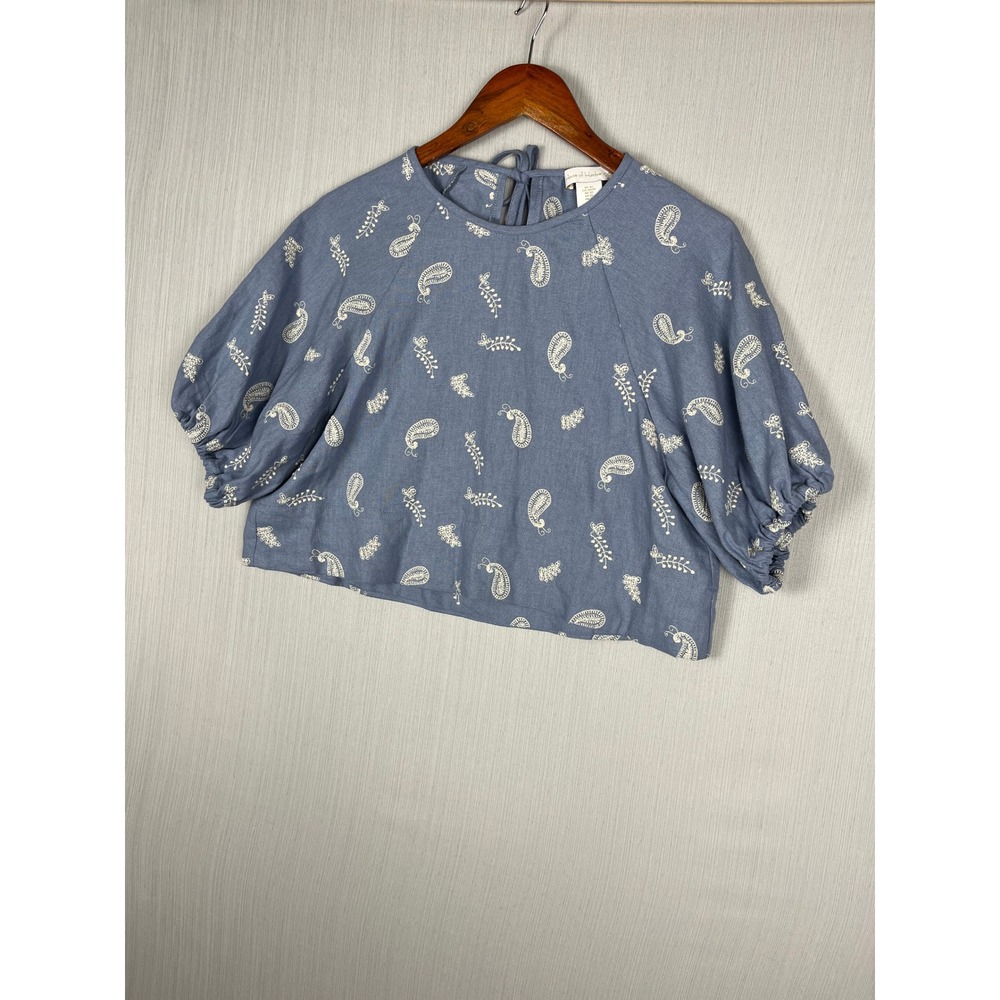 House‎ of Harlow 1960 Top XS Blue Paisley Embroidered Linen Puff Sleeve Boho